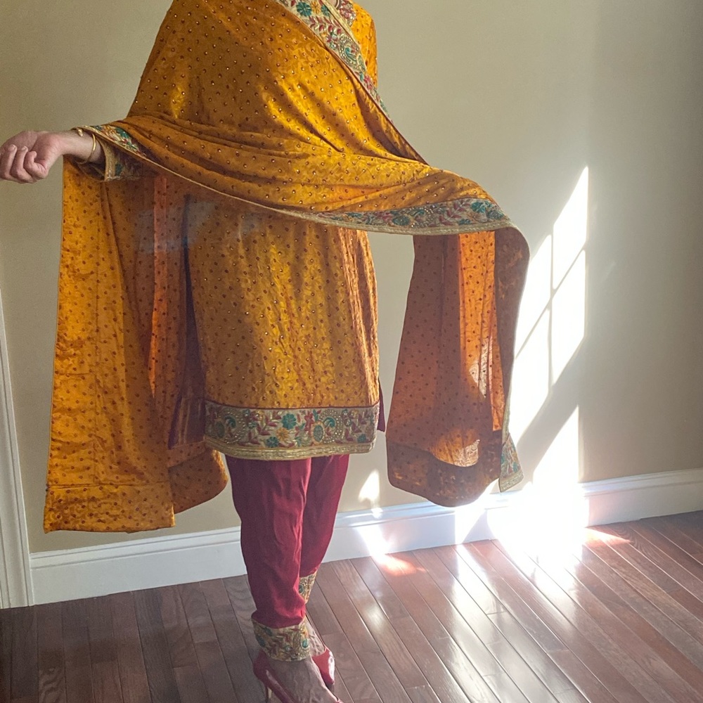 Three piece wedding/party suit. Yellow shalwar kameez.